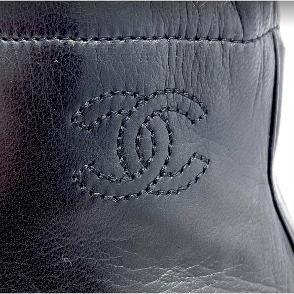 Chanel Shoes Ankle Boots CC Logo Quilted Black Leather Cap Toe High Heels EU 37 - Picture 2 of 9
